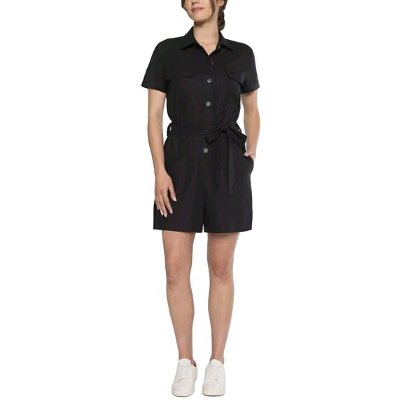 Matty M Women's XL Linen Blend Button Front Romper Relaxed Tie-Waist Black NWT - Picture 3 of 6